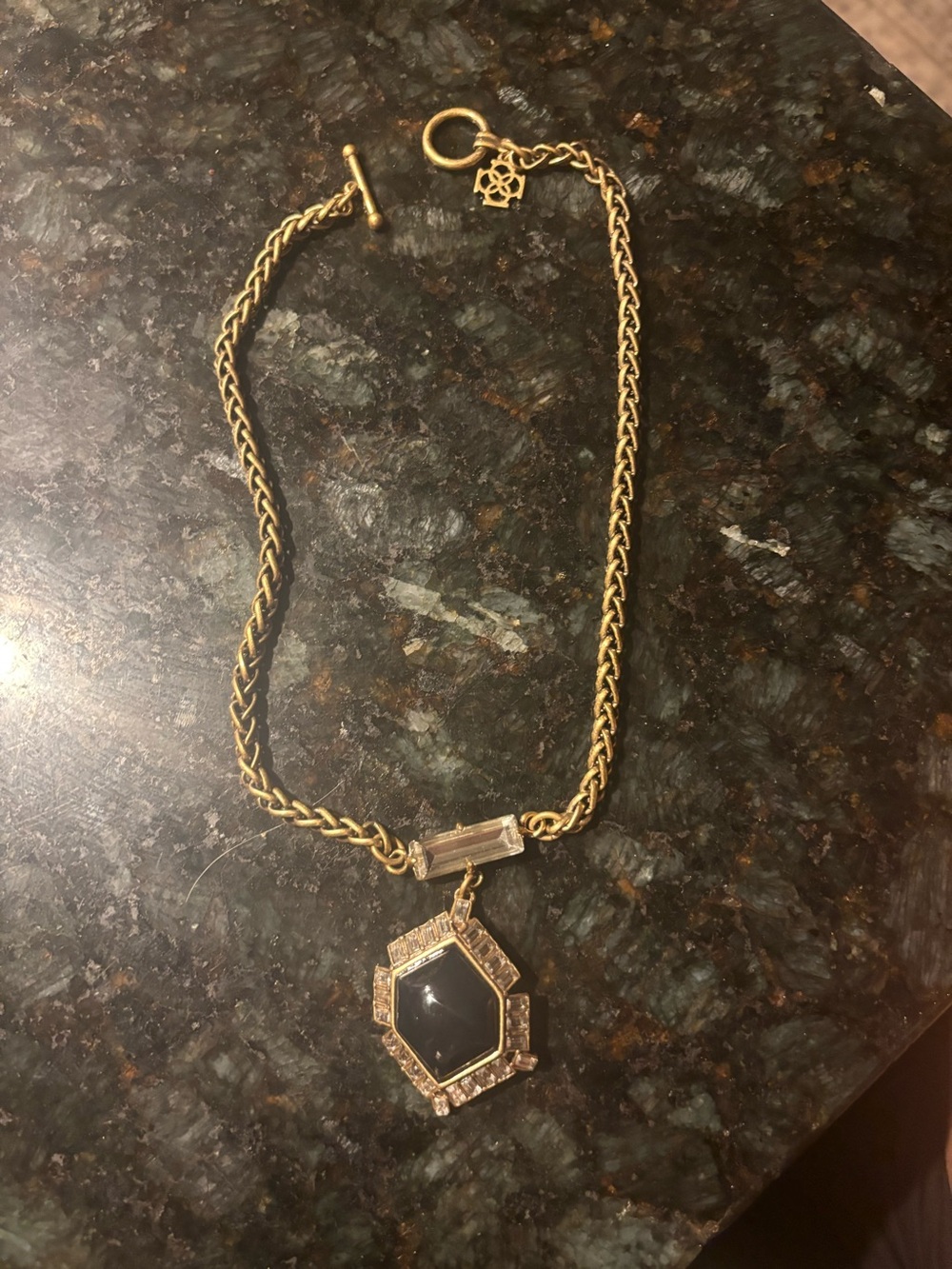 Vintage Ann Taylor Statement Gold Chain Necklace with Black Pendant and crystal